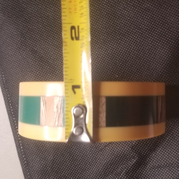 Vtg Lucite Bangle Bracelet Mustard Yellow Wooden Multi Color Block Retro Boho 1" - Picture 5 of 13